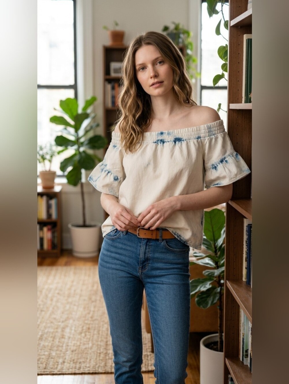 AllSaints Cream Top with Blue Washed Trim